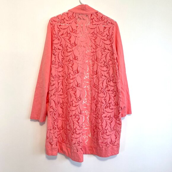LOGO BY LORI GOLDSTEIN Plus Size Open Front Slub Cardigan w/ Lace Detail Pink 3X - Picture 13 of 14
